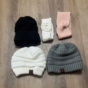 5 pieces C.C Women's Knit Beanie and Headband Set - Black, Cream, Gray, Pink